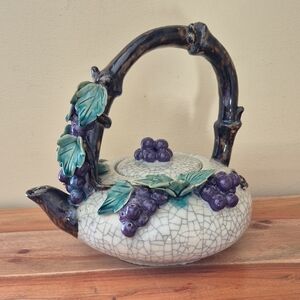 Vintage Majolica Pottery Teapot with Grapevine Design